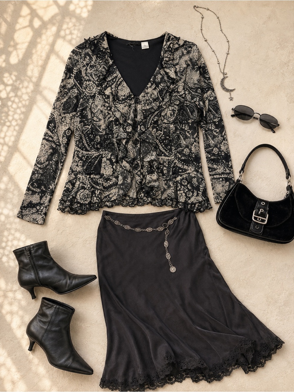 Notations Black Cream Paisley Ruffle Blouse L Sheer Mesh Y2K Romantic Top
